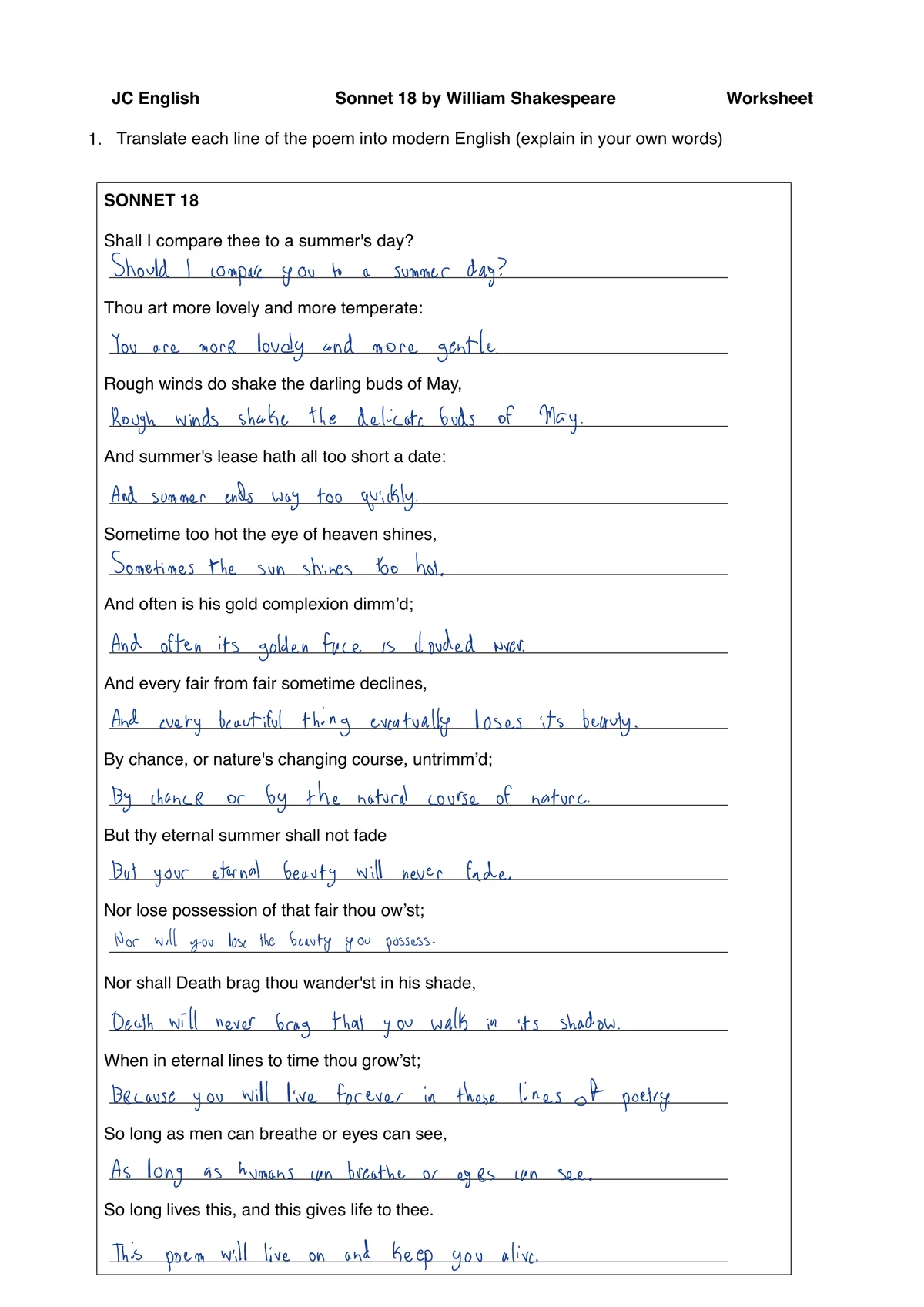 The same worksheet answered in handwriting by Fillscribe