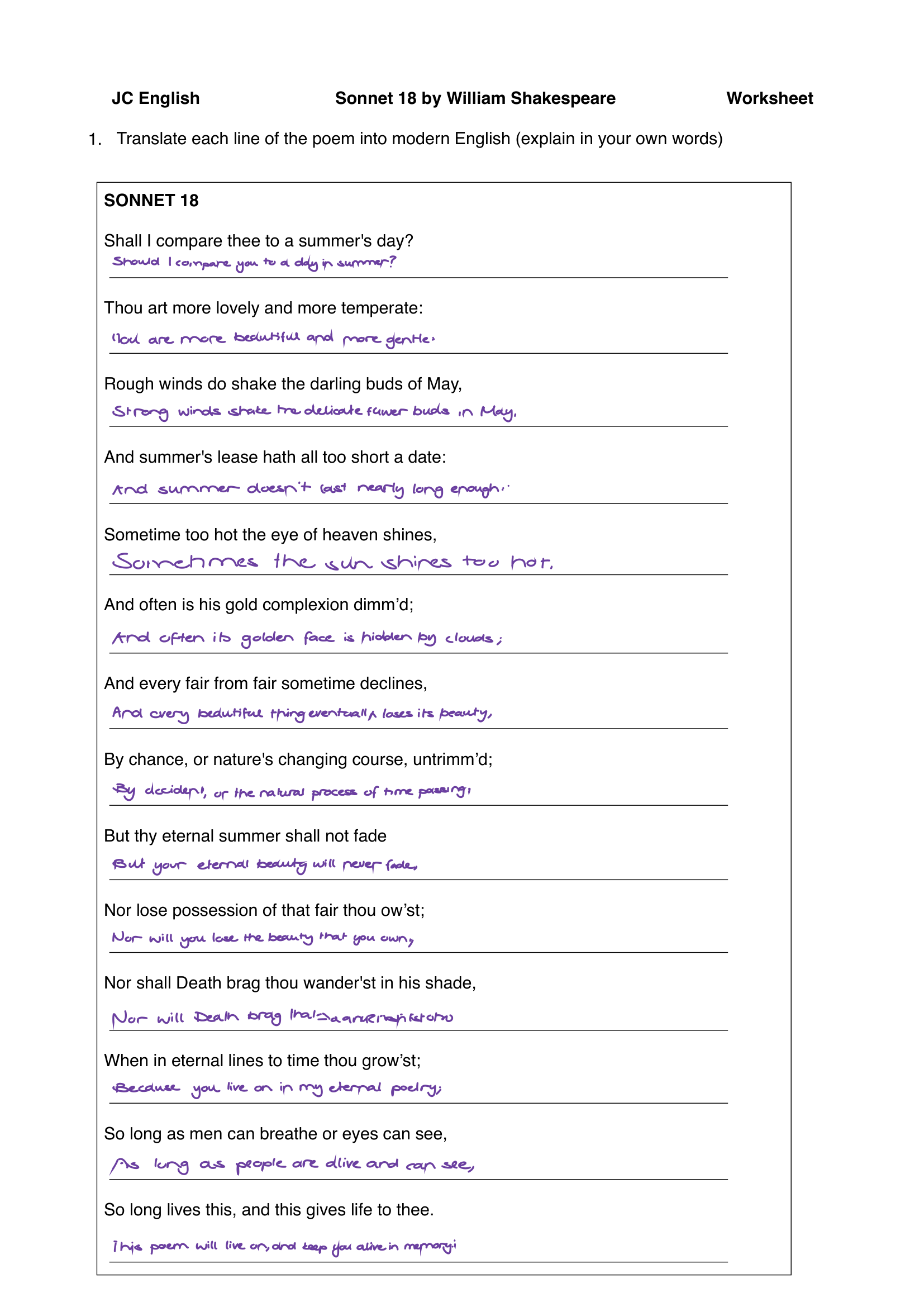 Filled Sonnet 18 worksheet, first page