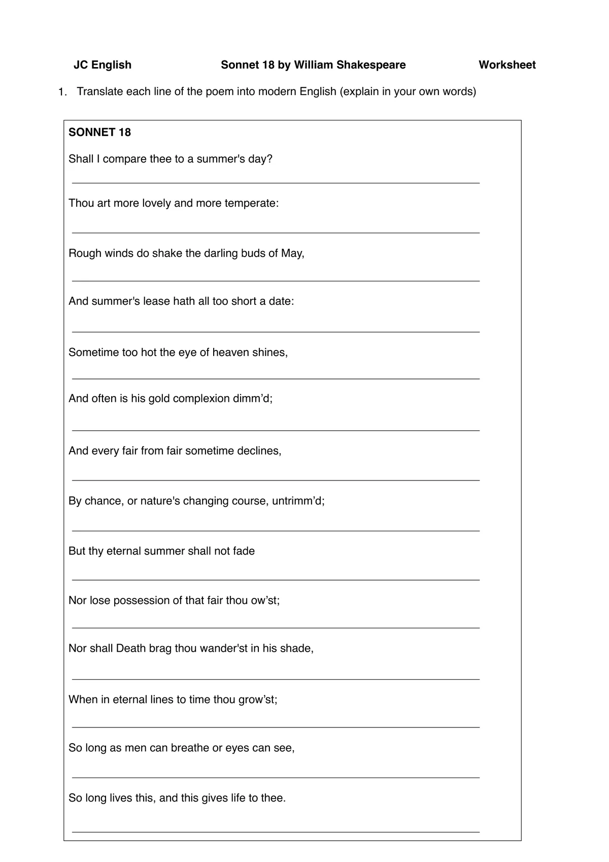 A blank Sonnet 18 worksheet