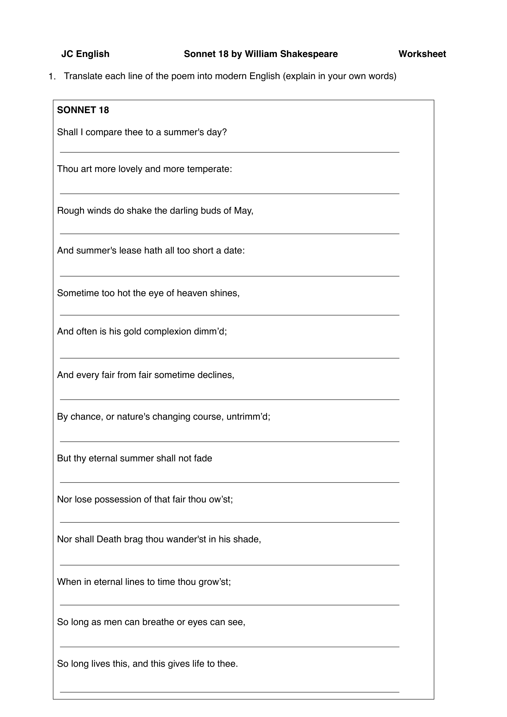 Blank Sonnet 18 worksheet, first page